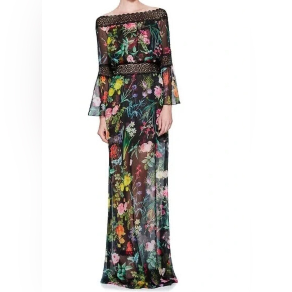 Rare / Nearly New - Full Length Off-the-Shoulder Long Sleeve Black Floral Gown